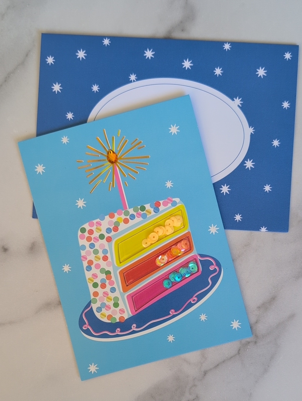 Blue Cake Greeting Card with Confetti and Sequins